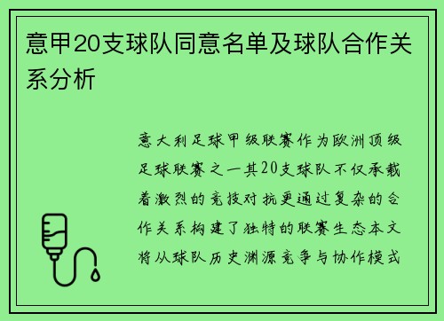 意甲20支球队同意名单及球队合作关系分析